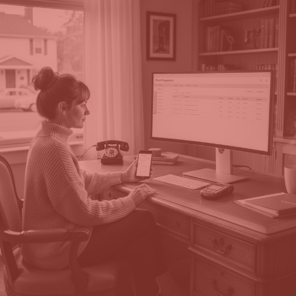 Sepia-toned image of a woman in modern casual attire working at a classic desk, holding a smartphone and looking at an e-invoicing interface labeled 'Prof Payments' on a large desktop monitor. A rotary phone is visible on the desk.