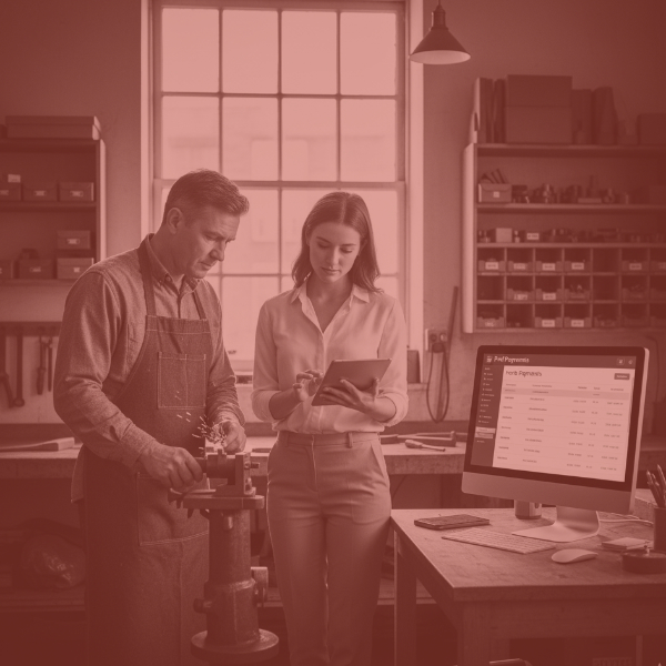 Small manufacturing or repair business owner getting paid online, being advised by a professional on digital payment solutions in a nostalgic workshop setting.