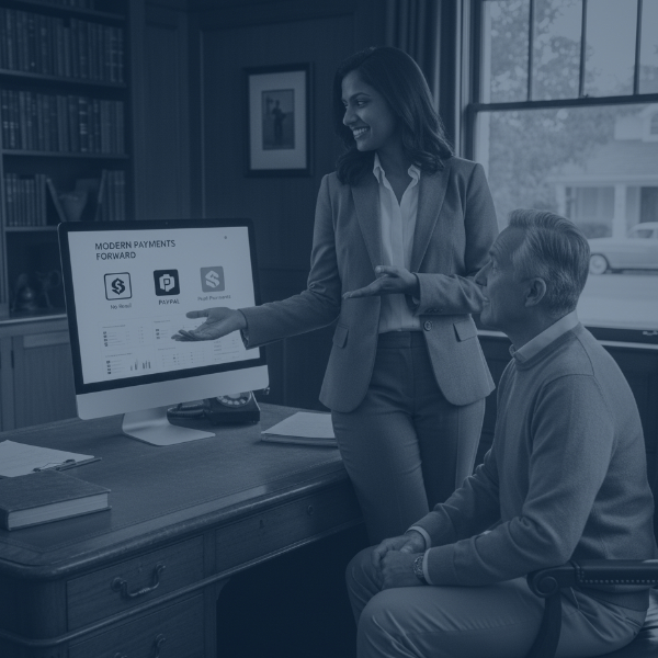 Financial consultant presenting PayPal invoicing alternatives and payment platform comparison on a computer screen to a client in a nostalgic, black and white office setting.