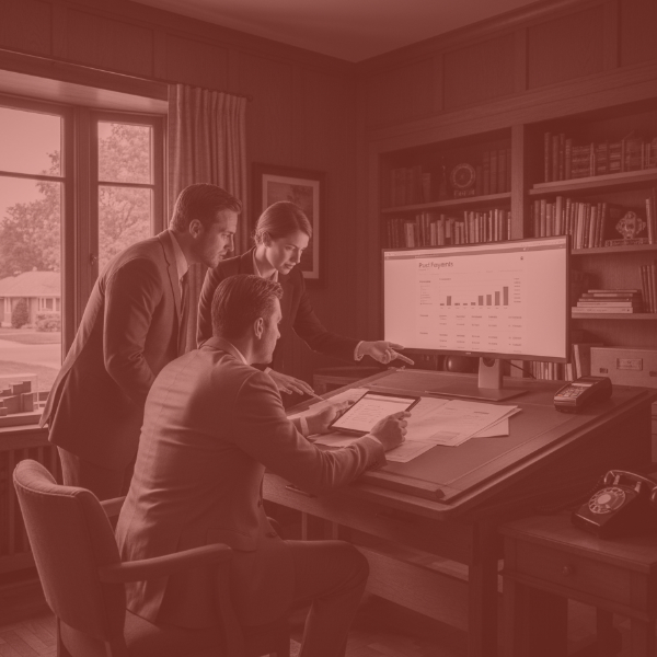 Collaborative team reviewing Stripe alternative payment data on screen, set in a nostalgic black and white office environment with modern professionals.