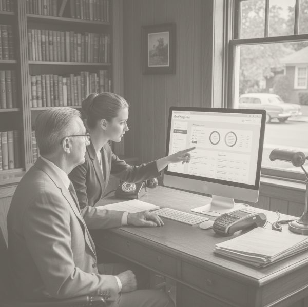 Black and white image of two business professionals reviewing modern invoicing software on a desktop computer.