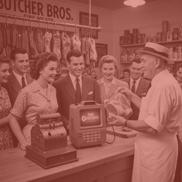Red tinted retro-style image of a butcher showing a cut of meat to a smiling group of customers, with a vintage-looking TV-style payment terminal labeled "PROF PAYMENTS" on the counter.