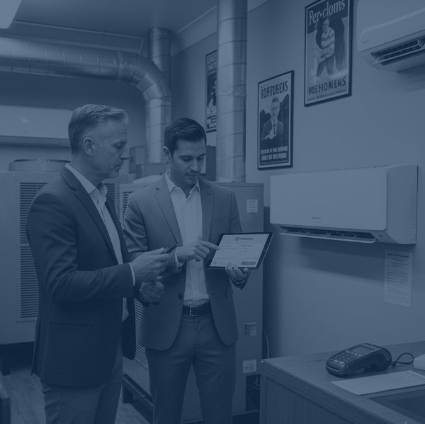 HVAC business owner being shown how to use digital invoicing software on a tablet by a financial consultant, surrounded by air conditioning equipment.