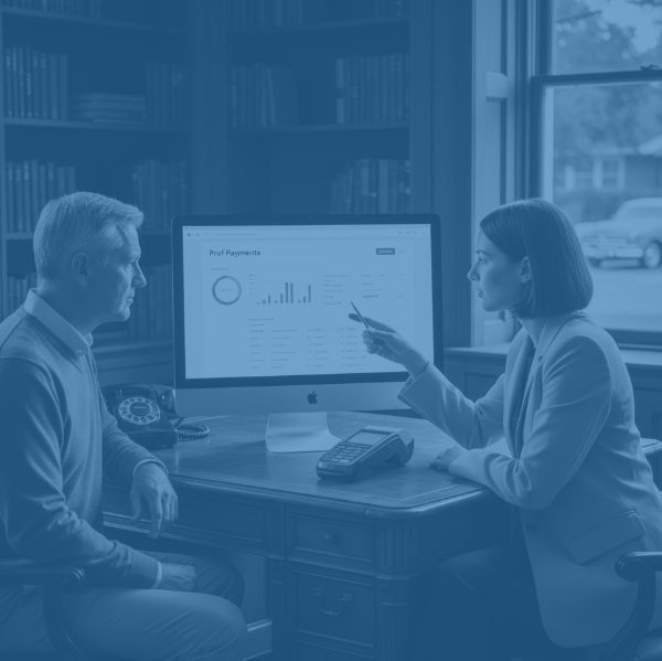 Consulting image showing a modern woman advising a man on digital financial metrics in a 1950s-style office with a bookcase backdrop.