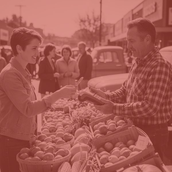 A red tinted photo of a female customer smiling as she pays a male vendor at an outdoor produce stand. The customer is holding a card to a mobile payment terminal held by the vendor, who is wearing a plaid shirt. Fruits and vegetables are displayed in baskets. Other people and a truck are in the background.