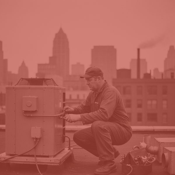 Red tinted photo of a repairman or technician in work clothes crouching on a rooftop in a city. He is working on a large HVAC or air conditioning unit. A dense cityscape is visible in the background under a cloudy sky.