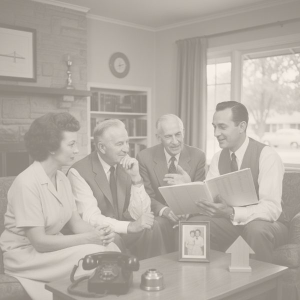Nostalgic black and white image of a financial advisor meeting clients in their home, emphasizing trusted, personalized service for invoicing and payments.