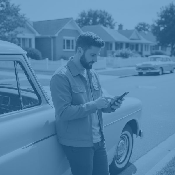 Small business owner checking payments or business alternatives on his mobile phone, set against a nostalgic 1950s backdrop.
