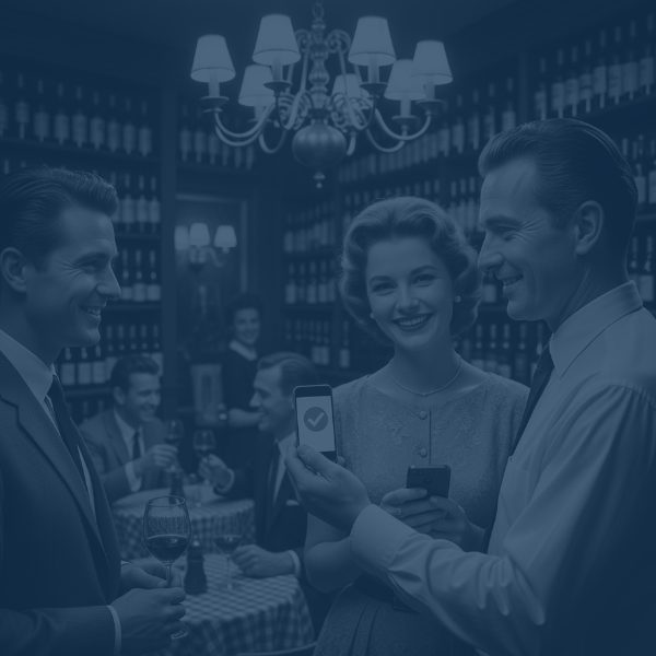 Black and white photo of three smiling people in formal attire, possibly at a restaurant or winery. The two men and one woman are looking at a smartphone held by the man on the right, which shows a checkmark indicating a successful payment or transaction. Wine bottles line the walls in the background.