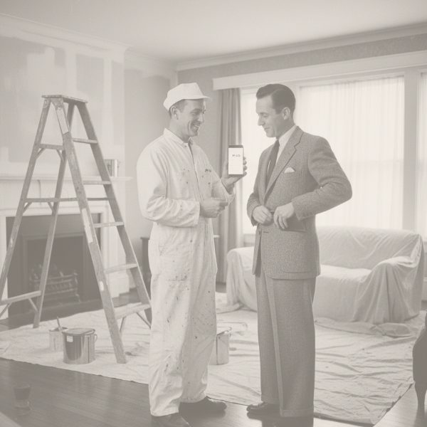Black and white photo of a painter in white overalls smiling at a businessman in a suit inside a home. The painter is holding up a smartphone displaying the word "PAY" on the screen, showing the invoice or payment due. A ladder, paint cans, and drop cloths are visible around them.