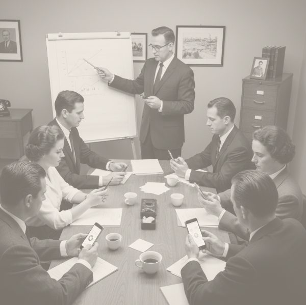 Faded black and white photo of a 1950s business meeting. A man in a suit is presenting a chart on an easel to six other professionals (men and women) seated around a table. Most people around the table are looking down at and using modern smartphones.