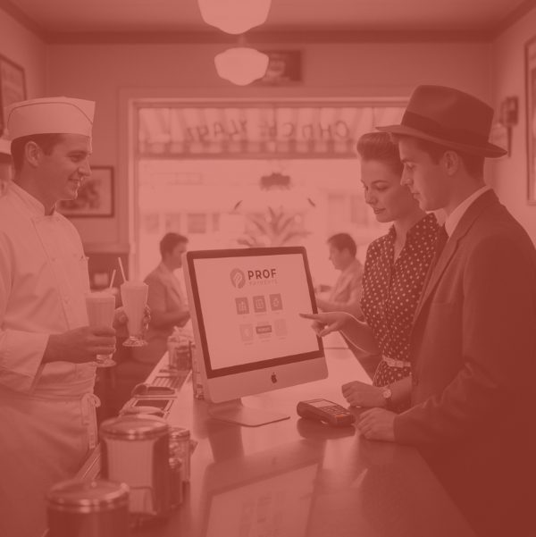 Retro-style image inside a diner showing a soda jerk handing a milkshake to a customer while another customer points at a modern monitor labeled "PROF PAYMENTS" displaying a payment interface on the counter.