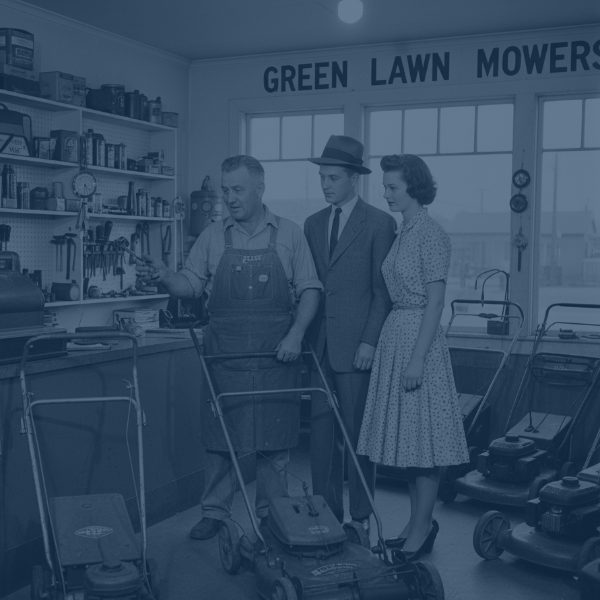 Blue tinted retro-style image inside a barbershop where the barber points to a modern monitor labeled "PROF PAYMENTS," displaying payment options (Card, Mobile, Invoice) to a female customer.
