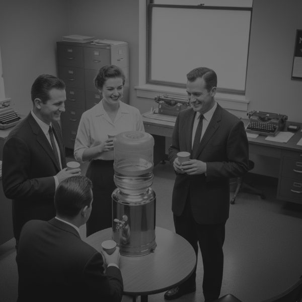 Black and white photo of four smiling colleagues in a 1950s office gathered around a water cooler. Three men in suits and one woman in a blouse are holding paper cups, taking a break and chatting.