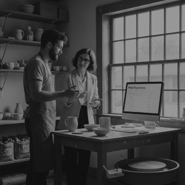 Black and white image of a pottery craftsman and a business advisor reviewing e-invoicing data on a computer screen.