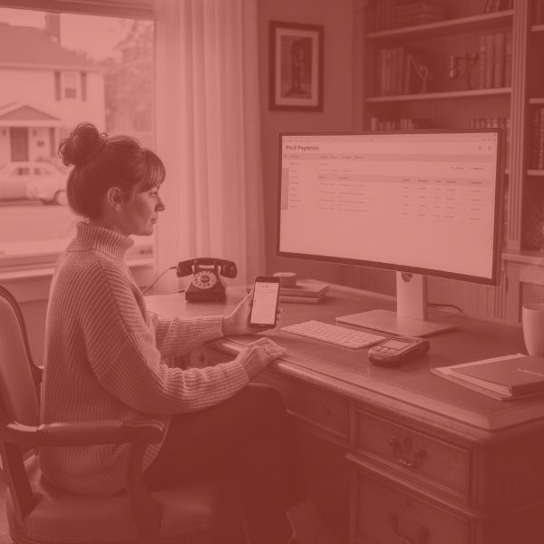 Sepia-toned image of a woman in modern casual attire working at a classic desk, holding a smartphone and looking at an e-invoicing interface labeled 'Prof Payments' on a large desktop monitor. A rotary phone is visible on the desk.
