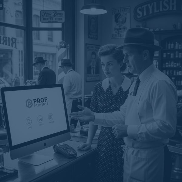 Blue tinted retro-style image inside a barbershop where the barber points to a modern monitor labeled "PROF PAYMENTS," displaying payment options (Card, Mobile, Invoice) to a female customer.