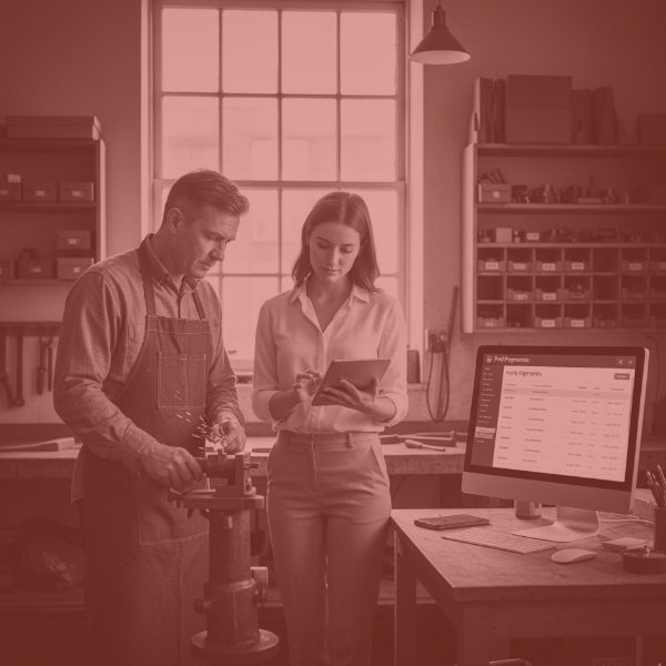 Small manufacturing or repair business owner getting paid online, being advised by a professional on digital payment solutions in a nostalgic workshop setting.