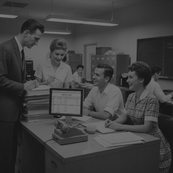 Black and white photo of a 1950s office with four smiling colleagues gathered around a desk. A businessman in a suit stands next to a woman in a white blouse, looking at a tall stack of papers. A man and a woman sitting at the desk are looking at the computer monitor displaying a spreadsheet labeled "Digital Ledger."