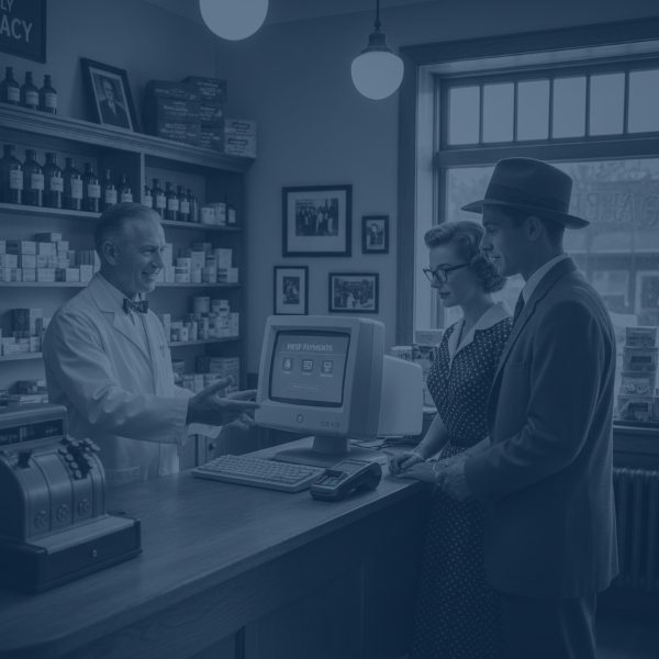 Retro image of a pharmacist showing a desktop computer display labeled "HELP PAYMENTS" to a man and woman in a vintage shop.