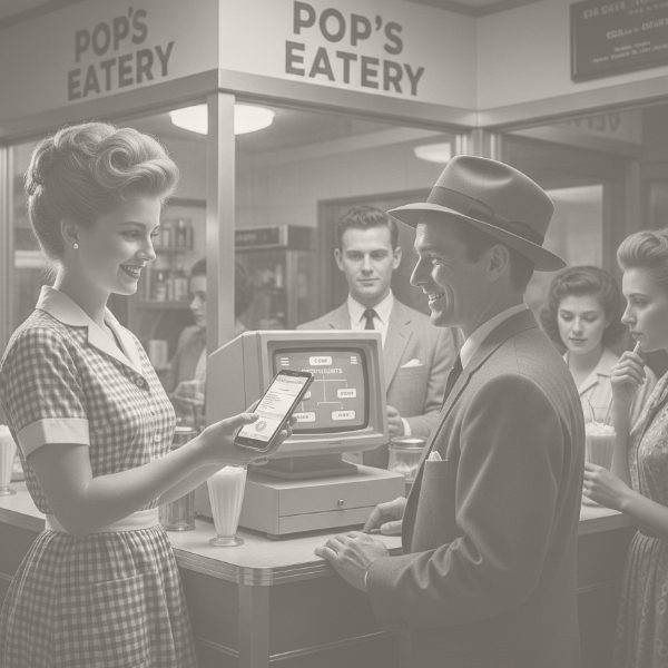 Faded black-and-white, retro-styled image inside "POP'S EATERY" diner where a waitress shows a customer paying via a mobile device near a vintage computer monitor labeled "PROF PAYMENTS."