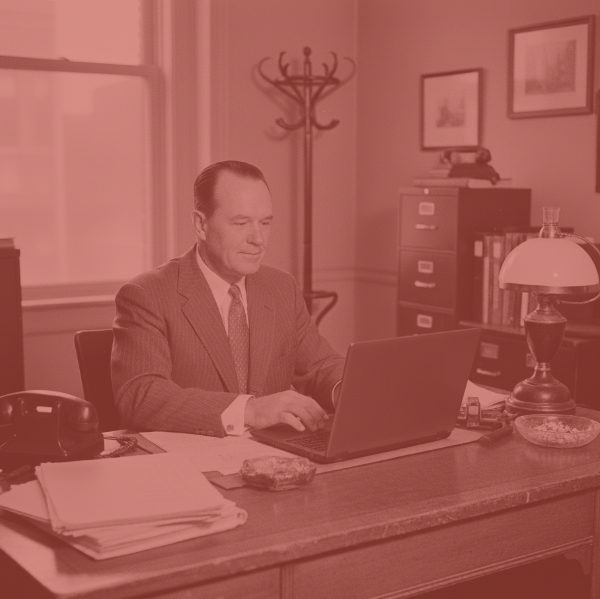 A red tinted photo of a businessman in a suit from the 1950s sitting at a desk in an office. He is smiling while typing on a modern laptop computer. There are stacks of papers, a desk lamp, and a classic telephone on the desk.