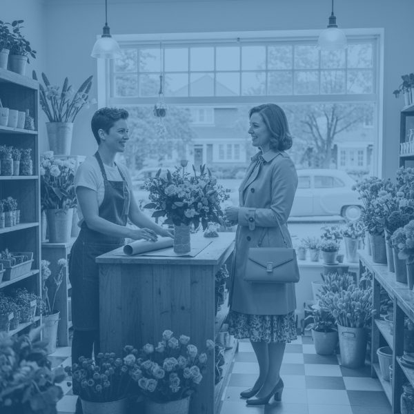 Retail small business owner accepting payment via 'ProfPay' in a black and white 1950s-style general store, blending classic trust with modern payment technology.