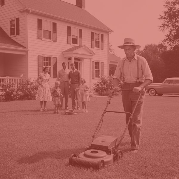 Red tinted photo of a 1950s office with four smiling colleagues gathered around a desk. A businessman in a suit stands next to a woman in a white blouse, looking at a tall stack of papers. A man and a woman sitting at the desk are looking at the computer monitor displaying a spreadsheet labeled "Digital Ledger."