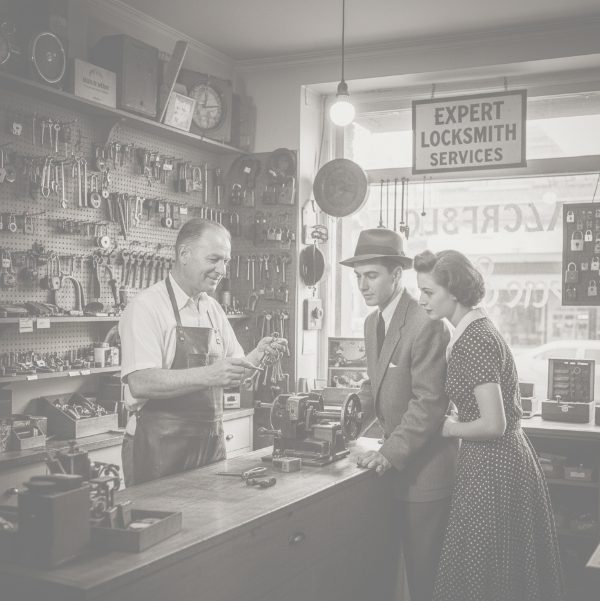 Faded black-and-white, retro-style image of a locksmith in a shop showing a set of keys or tools to a well-dressed man and woman, with a sign in the window advertising "EXPERT LOCKSMITH SERVICES."