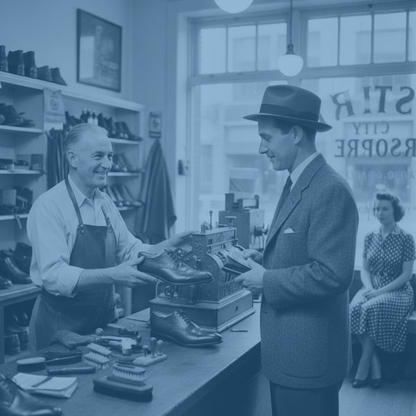 Blue tinted retro-style image inside a shoe repair shop where a cobbler hands a freshly polished shoe to a smiling, well-dressed male customer standing at the counter.