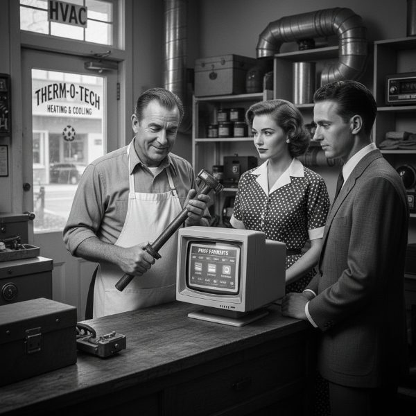 Black-and-white, retro-styled image of a repairman/technician showing a mechanical part to a well-dressed couple in a shop, while a vintage computer monitor labeled "PROF PAYMENTS" displays a digital payment interface on the counter.
