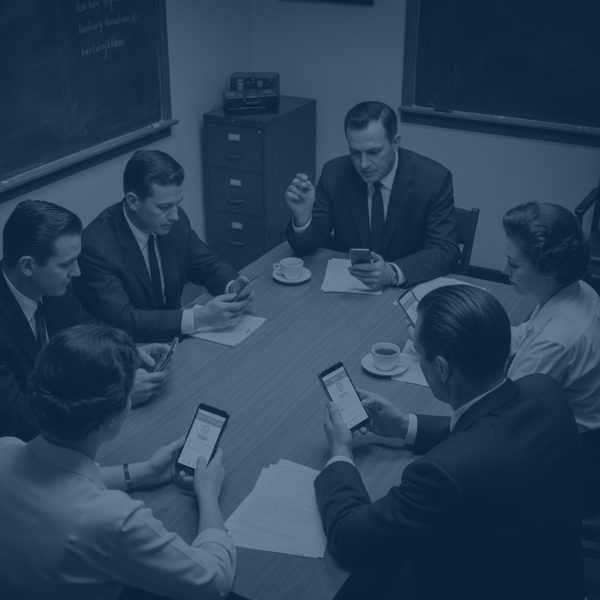 Black and white photo of six people in a 1950s boardroom meeting, all dressed in business attire. Four of the six attendees are looking down at smartphones displaying transaction or financial screens, while the two men at the head of the table appear engaged in discussion. A blackboard is visible in the background.