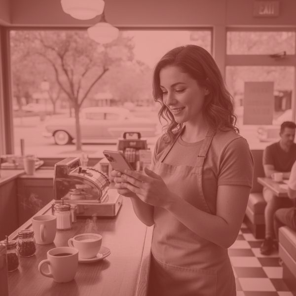 Small cafe business owner managing payments or orders on a mobile phone, representing a PayPal alternative for food service, in a nostalgic diner setting.