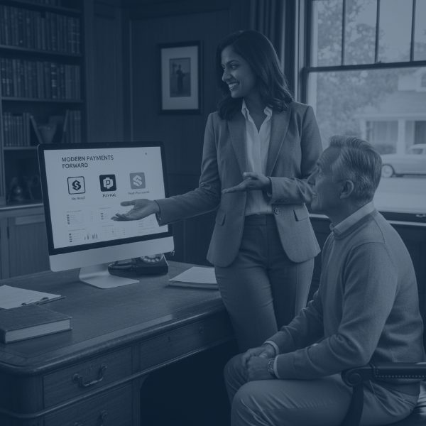 Financial consultant presenting PayPal invoicing alternatives and payment platform comparison on a computer screen to a client in a nostalgic, black and white office setting.