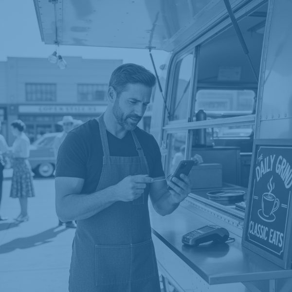 Food truck small business owner using mobile tech for QuickBooks invoice alternatives, blending modern e-payments with a nostalgic outdoor market setting.
