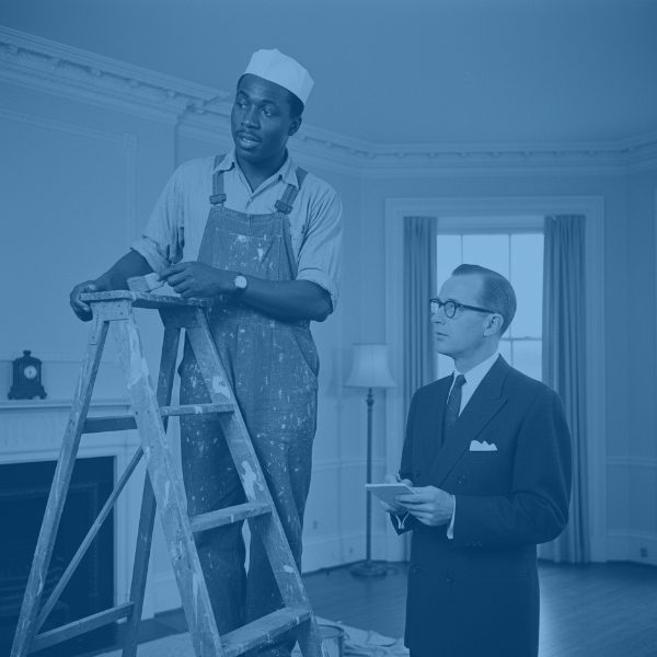 Black and white photo of a 1950s scene showing a Black male painter in overalls standing on a wooden ladder, talking to a white male accountant in a suit holding a notepad. They are inside a room with a fireplace, discussing business or work details.