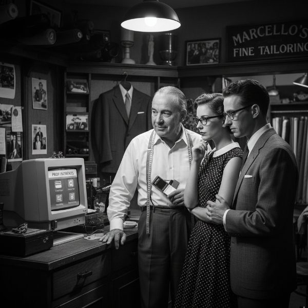 Black-and-white, retro-styled image inside a tailor shop where a tailor with a measuring tape around his neck shows a vintage computer monitor labeled "PROF PAYMENTS" displaying a payment interface to a well-dressed man and woman.