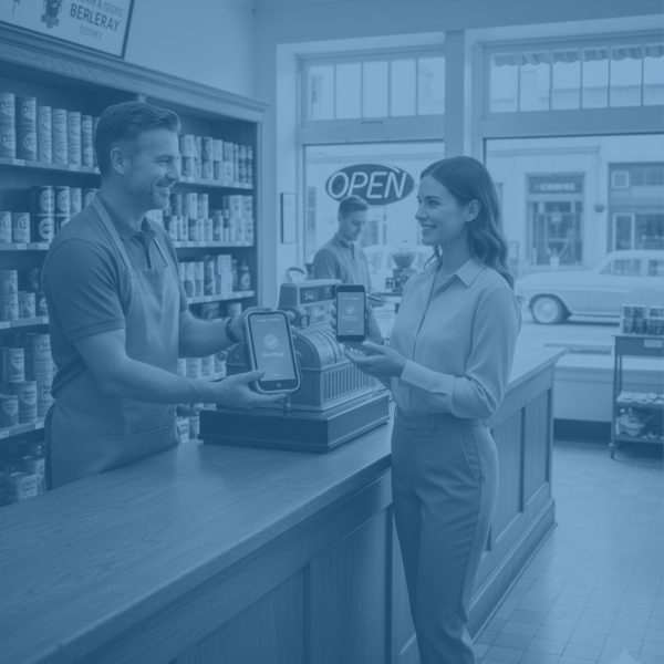 Retail small business owner accepting payment via 'ProfPay' in a black and white 1950s-style general store, blending classic trust with modern payment technology.