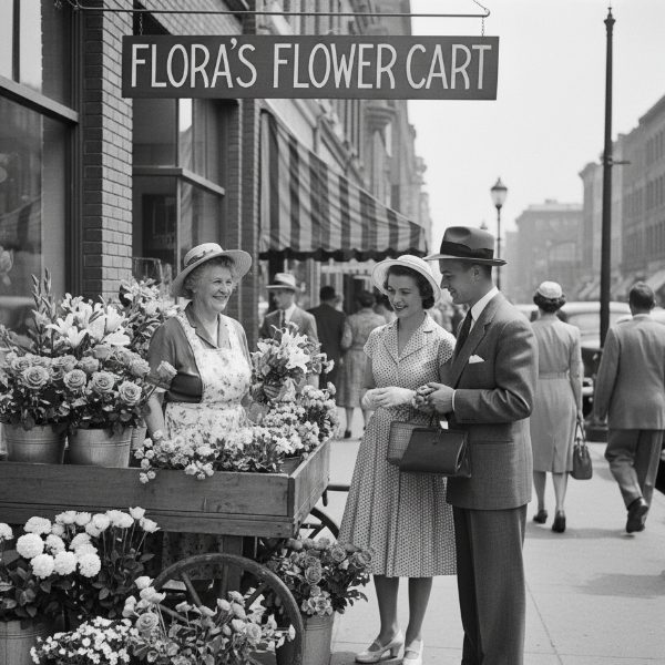 Black-and-white, retro-style image of a woman selling flowers from "FLORA'S FLOWER CART" on a city sidewalk to a smiling, well-dressed couple.