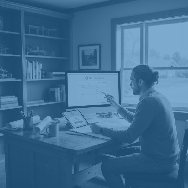 Architect or creative professional reviewing Stripe invoicing alternatives and managing payments on a computer, blending modern tech with a nostalgic 1950s-style home office.