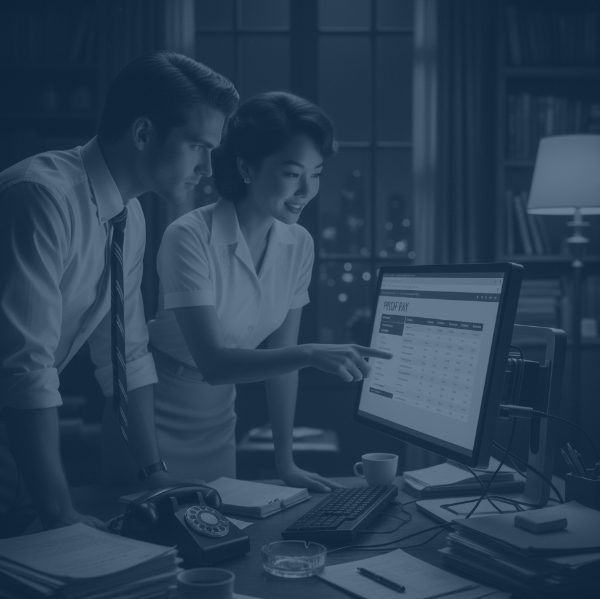 Black and white photo of a man and an Asian woman in 1950s attire working together at a desk late at night. The woman is pointing to a computer monitor displaying a financial dashboard for Profpayments. They are in an office setting with books and a city lights view through the window.