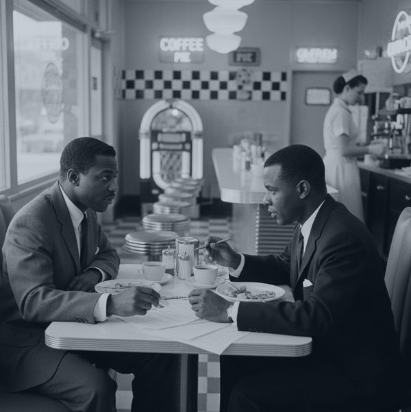 Black and white photo of two Black businessmen in suits sitting across from each other in a diner booth in the 1950s or 1960s. They are eating, talking, and have papers on the table between them. Neon signs for "COFFEE" and "PIE" are visible, along with a jukebox and a waitress behind the counter.