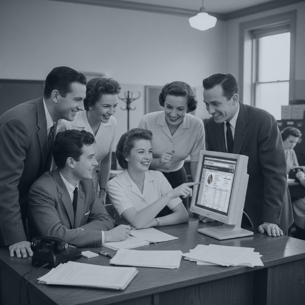 Black and white photo of six young professionals in 1950s attire gathered around a computer monitor. A woman seated at the desk is smiling and pointing to a screen displaying a modern financial dashboard or report. All six people are smiling and engaged.